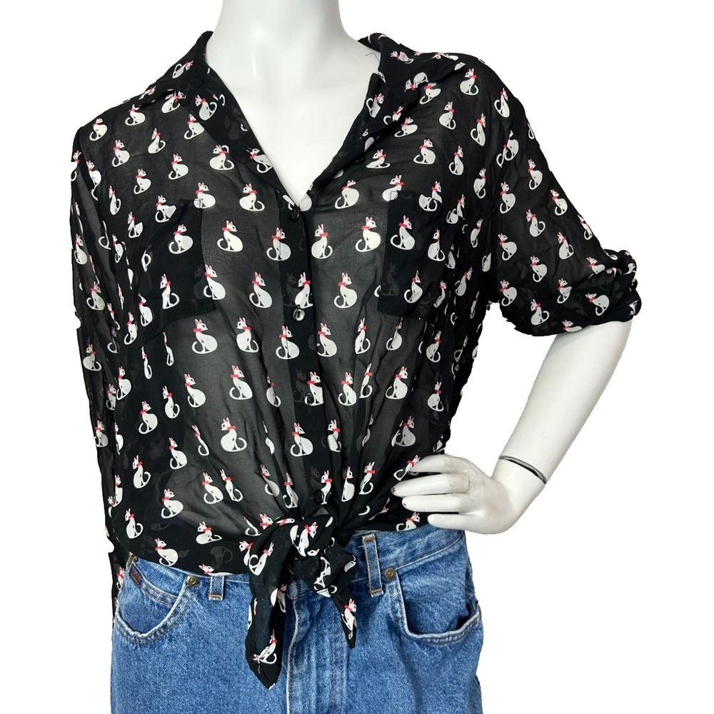American Rag Cie Black Sheer Cat Blouse M Long Sleeve Button Up Top Whimsical